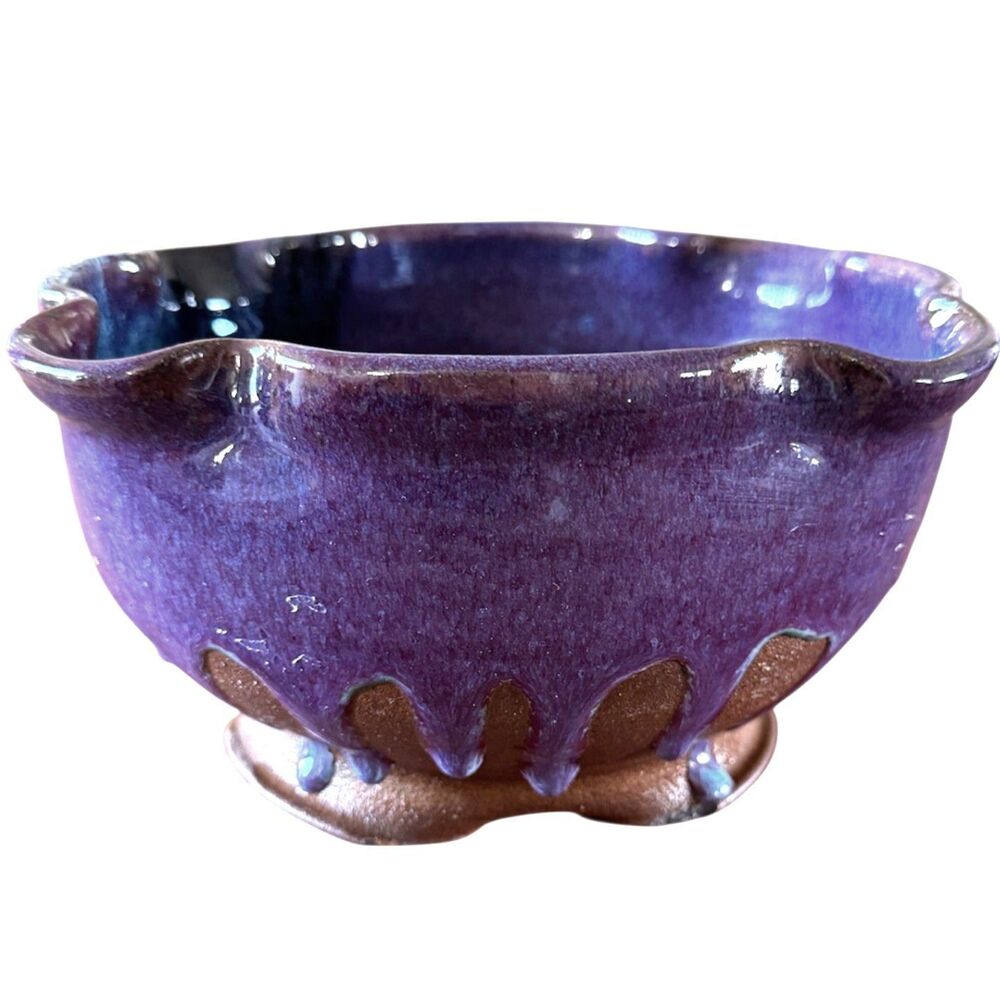Floppy Handcrafted Ceramic Decorative Bowl Purple Multi Color Drip Glaze Signed